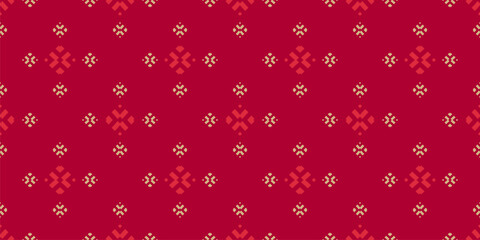 Vector Christmas background. Elegant simple red and gold geometric floral seamless pattern with snowflakes, diamond shapes, stars. Luxury ornate abstract texture. Repeated geo design for decor, print