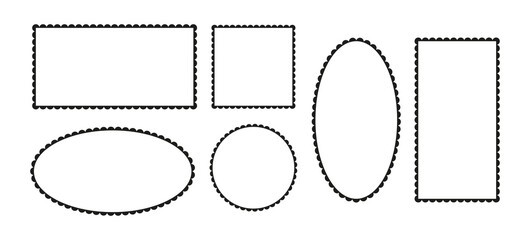 Set of scalloped frames. Scalloped edge rectangle, ellipse, circle, square simple shapes. Label flat forms. Silhouette lace black frame, backdrops. Abstract elements collection for tag, stickers.