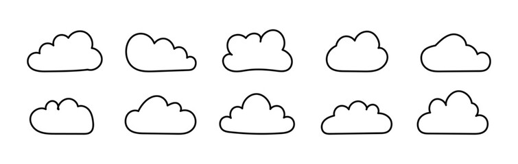 Outline clouds icons. Doodle fluffy clouds. Puffy, cumulus clouds. Cloudy forms patterns in black thin contour. Weather element templates. Objects cloudscape samples. Hand drawn black cute icons.