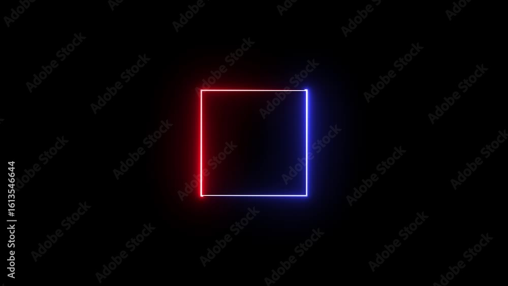 Poster seamless light animation with geometric box pattern, red and blue color neon rectangle frame on blac