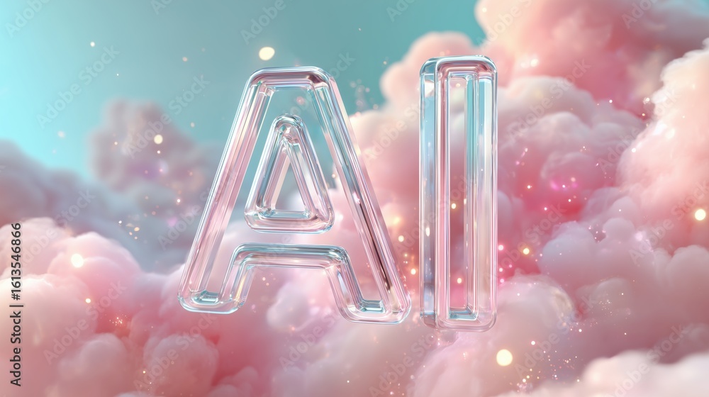 Poster 3d artificial intelligence letters floating in colorful clouds, representing technology in a vibrant