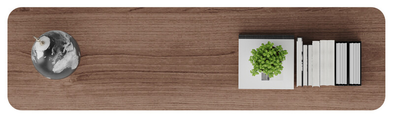Top View PNG of Wooden Cabinet with Books, Decorative Globe, and Green Plant – Isolated with Shadow