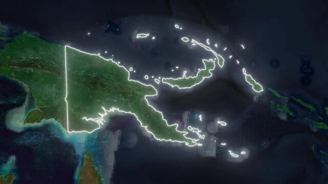Zoom from Earth to Papua New Guinea. Glow outline map animation satellite view with highlighted country borders. Cinematic documentary 3d world map animation highlights aerial views, and travel. 4k