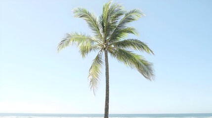 Fototapeta premium Single palm tree against a clear, light blue sky and ocean. Lush green fronds gently sway in a light breeze