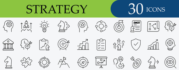 Strategy icon set with goal, plan, idea, success, teamwork, leadership, puzzle, solution, business growth, project, target, marketing
