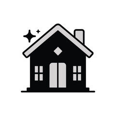 Stylized black house with sparkle icon isolated on white background