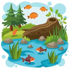 Cartoon illustration of a serene forest stream with colorful fish, lush vegetation, and a fallen log.