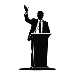 Silhouette of a businessman giving a speech from a podium with his hand raised