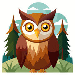 Friendly Cartoon Owl in Forest Setting:  Nature, Wildlife, Children's Illustration, Flat Design, Happy Mood
