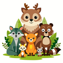 Fototapeta premium Adorable Cartoon Forest Animals: Happy Woodland Critters Illustration, Childrens Book Style