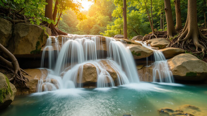Serene waterfall cascades over smooth rocks, surrounded by lush greenery and trees, creating tranquil atmosphere. sunlight filters through leaves