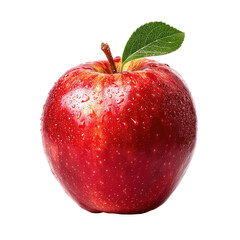 Single, vibrant red apple with water droplets and a green leaf