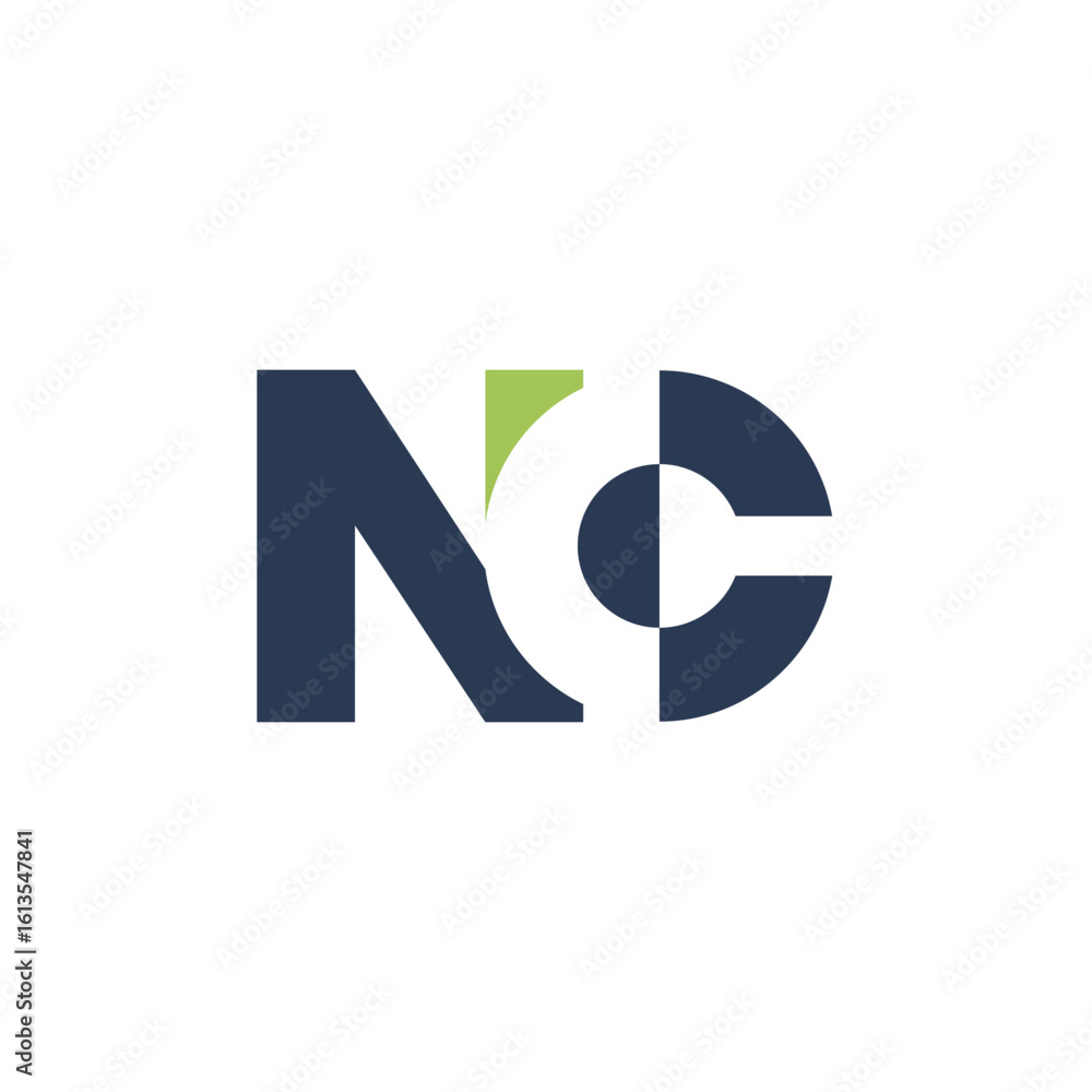 Poster the image shows a logo design of a monogram with initial letters nc in dark grey and green color in 
