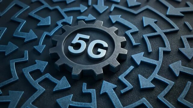 A dark gear engraved 5g lies amid tangled blue arrows on a textured surface. Concept of fast network integration and digital connectivity.