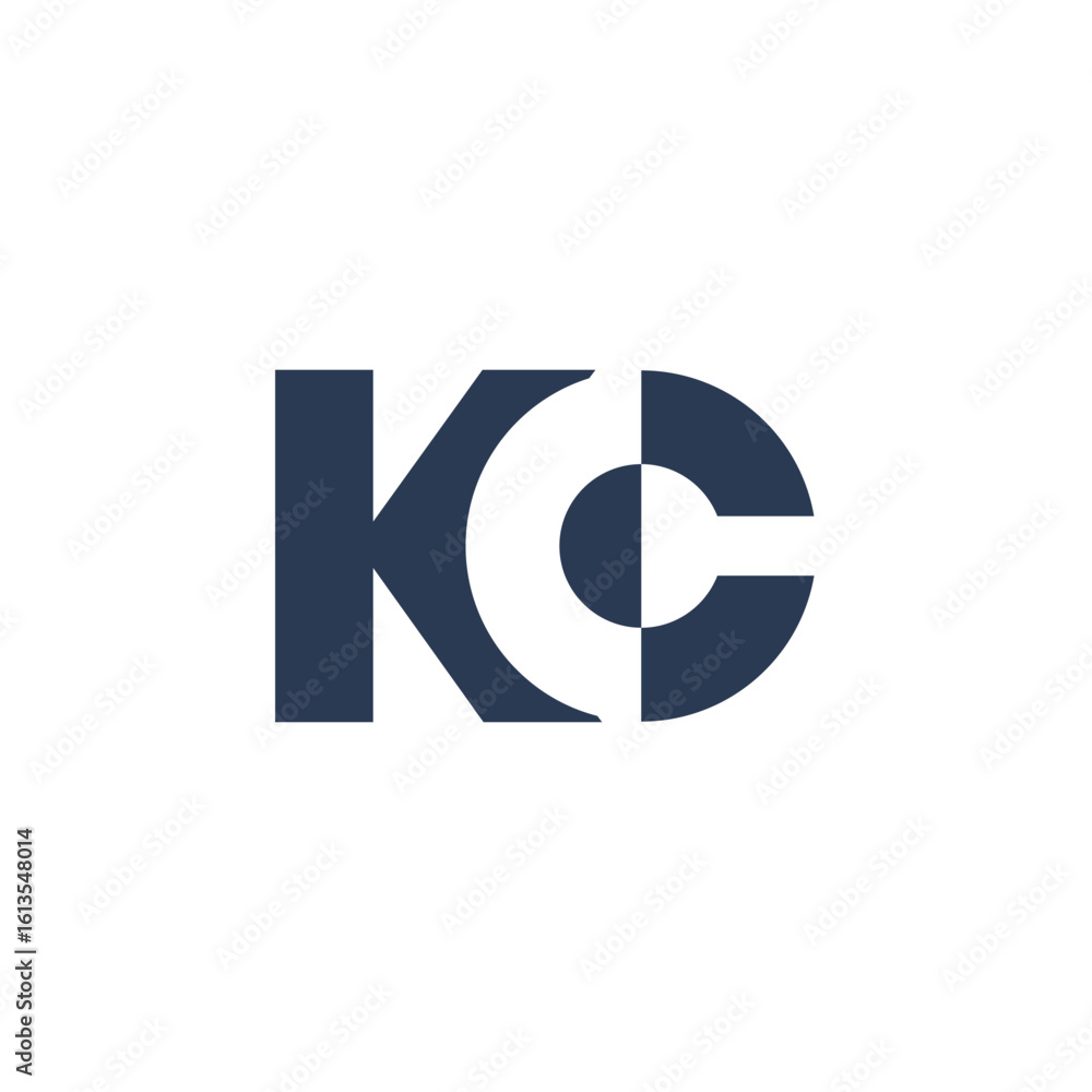 Poster the image shows a logo design of a monogram with initial letters kc in dark color in simple flat sty