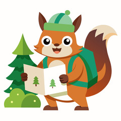 Happy Squirrel Backpacker with Map, Cartoon Style, Nature Adventure Illustration