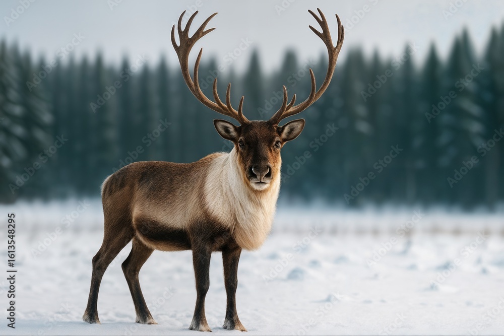 Poster majestic reindeer standing in snowy field with dense forest in background