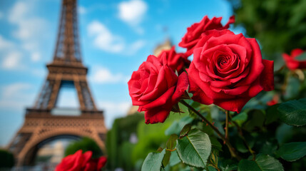 Beautiful Red Roses in Front of the Eiffel Tower Against a Clear Blue Sky in Paris