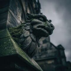 An old, weathered stone gargoyle on a cathedral. Architectural photography, gothic. Overcast, moody sky, ancient and watchful mood. Close-up on the detailed, moss-covered stone.