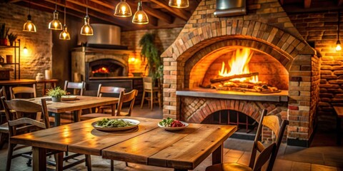 Cozy Pizza Restaurant with Wood-Fired Oven and Comforting Decor , welcoming , dimmable lighting
