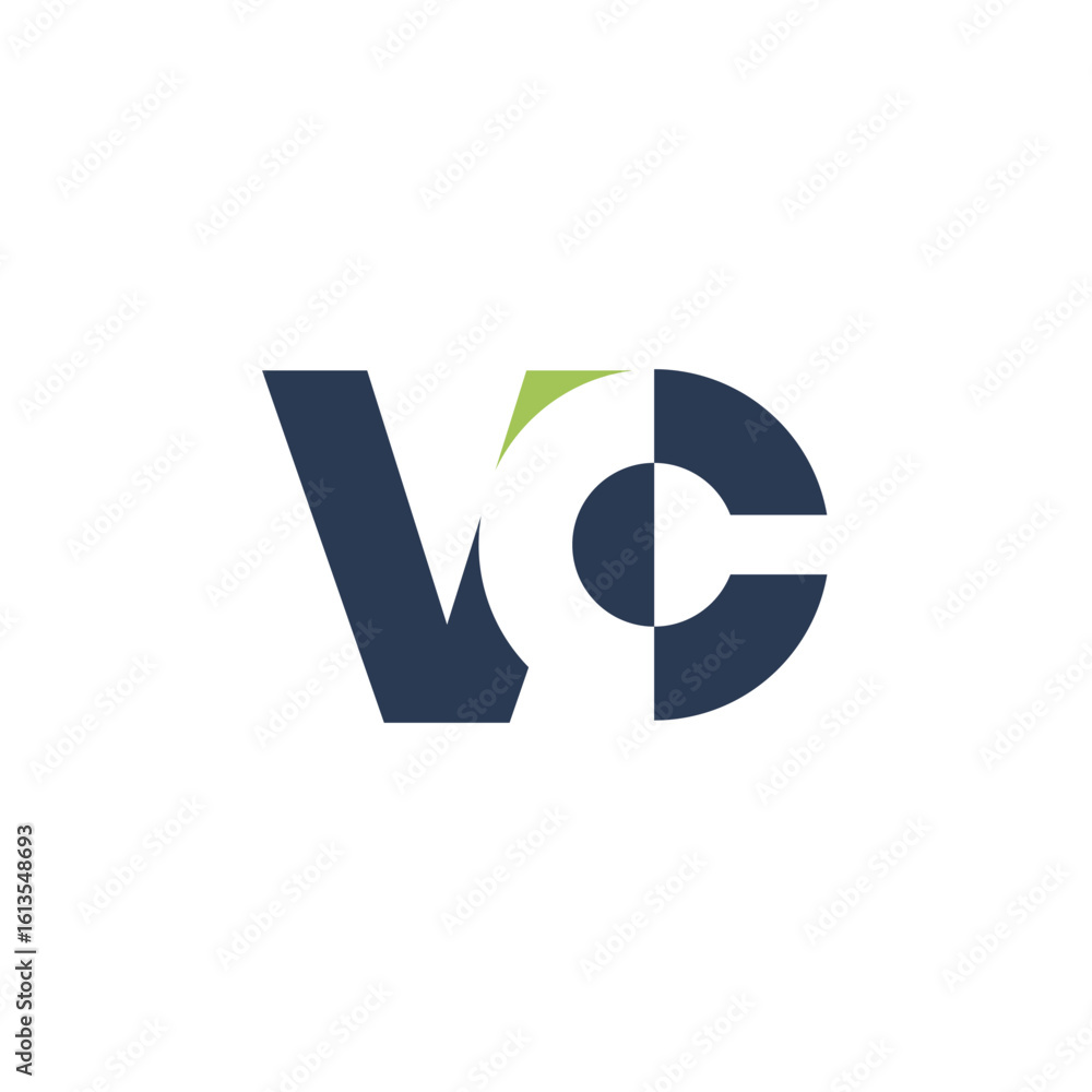 Poster the image shows a logo design of a monogram with initial letters vc in dark grey and green color in 
