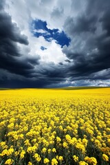 Obraz premium Vast golden canola field beneath strikingly dramatic skies with dynamic cloud patterns
