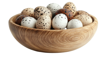  Delicious quail eggs in a wooden bowl cut out on white background PNG 