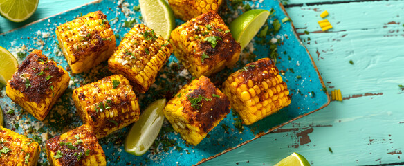 Creative food template. Golden charred barbecue grilled corn ribs, with spices and freshly chopped herbs, lime wedges on turquoise blue green rustic ceramic wooden platter table  copy text space