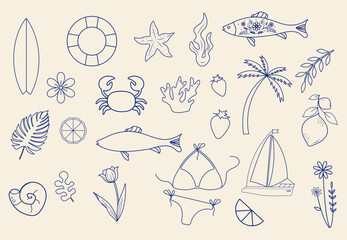beach vibes doodle set.  summer & sea elements.  