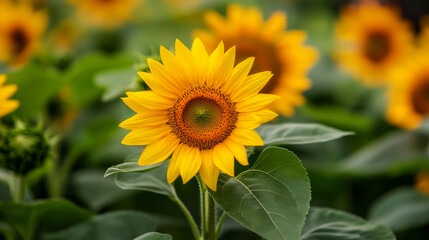 Obraz premium Bright and Cheerful Sunflower Blooming in a Vibrant Green Field Under Clear Blue Skies