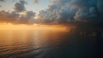 Fototapeta premium Coastal landscape with sunlight breaking through dark clouds over ocean waves and cliffside