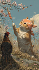 A cute cat wearing an orange bandana reaches for a skewer among blooming cherry blossoms, while a pheasant stands nearby on grassy ground.