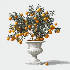 A lush orange tree is elegantly potted in an ornate, classical-style white urn. The tree is filled with vibrant, ripe oranges that stand out against the muted green-gray leaves