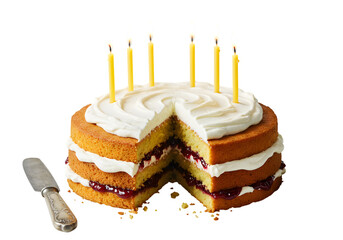 Layered Vanilla Celebration Cake with Jam Filling and Candles Isolated on PNG Background.
