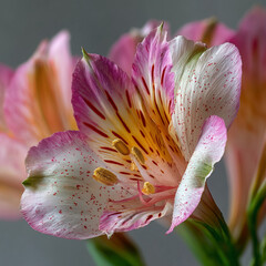 A detailed, close-up image of an Alstroemeria flower, showing its delicate pink and white petals, with vibrant yellow patterns and pink spots.