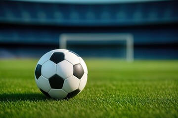 Obraz premium Soccer Ball Centered on Grass Soccer Field with Goal Post in Background in Stadium Setting Focus on Sports Theme