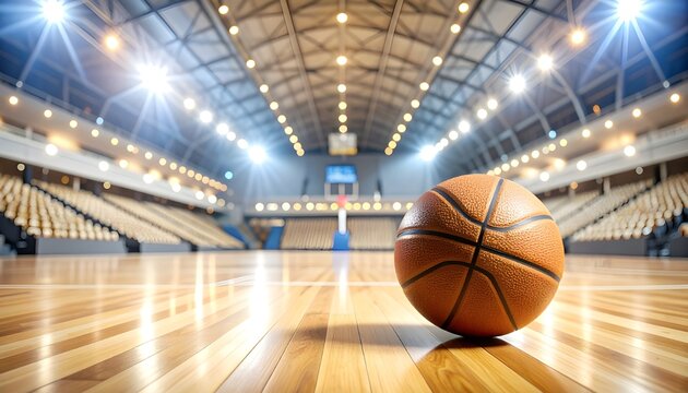 A close-up of a basketball on a polished indoor court under dramatic stadium lights, with blurred crowd and hoop in the background. Perfect for sports themes, posters, or event promotions. - Powered by Adobe