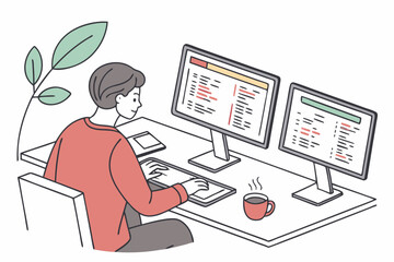 Programmer working on multiple monitors with code and coffee at desk
