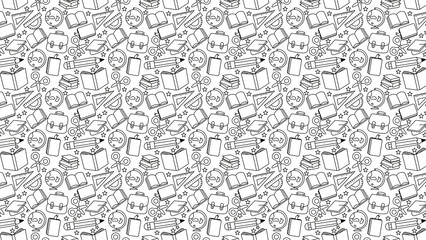 Seamless pattern with school supplies in black and white for back to school themed designs
