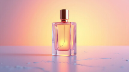 Elegant glass perfume bottle with golden cap bathed in soft gradient sunset light