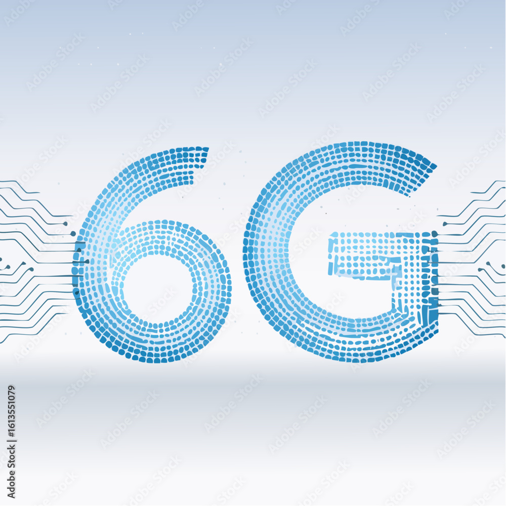 Poster 6g technology background. digital data as digits connected each other and form symbol 6g on blue bac