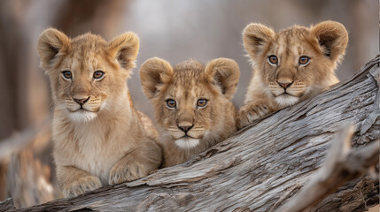 Three lion cubs are nestled closely together behind a large, weathered log. Their golden fur is soft and fluffy, and their curious, wide eyes gaze directly at the camera. 