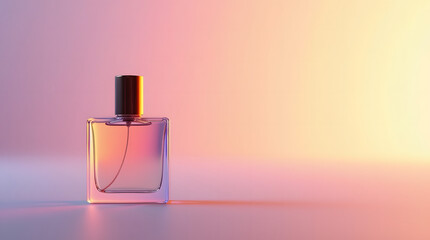 Elegant glass perfume bottle with a dark cap illuminated by soft gradient lighting