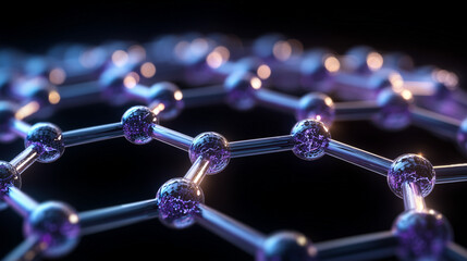 The image shows a close-up, artistic representation of a graphene sheet. The structure features interconnected hexagonal patterns, with shiny, purple-tinted spheres at the vertices representing carbon
