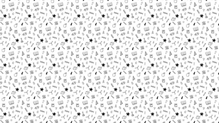 A seamless pattern of school supplies in black and white on a white background illustration art