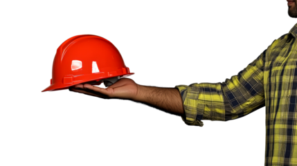 Safety helmet held in hand against a transparent background
