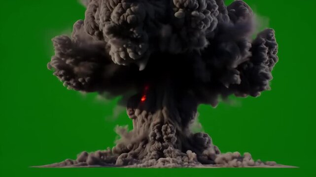 Realistic 3D rendering of a massive nuclear explosion with a fiery mushroom cloud and dark smoke billowing up on a chroma key green screen background for VFX.