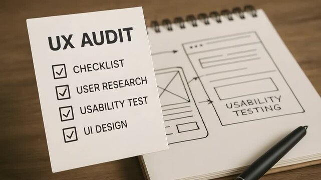 Paper with UX audit checklist sits on notebook with UI sketches. Concept of usability improvement and interface design analysis.