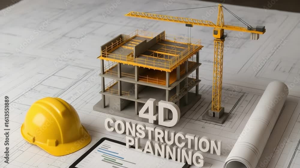 Aufkleber a construction site model with crane and helmet over digital planning layout. concept of 4d construc