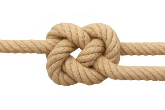 Sturdy rope knot joining nautical cords, symbolizing resilience, teamwork, and interconnectedness against clean background